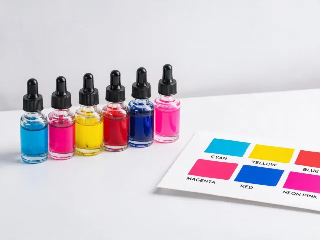 Liquitex acrylic ink bottles and swatches