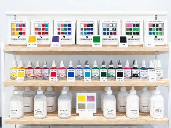 Retail art supply shelf with acrylic paint sets