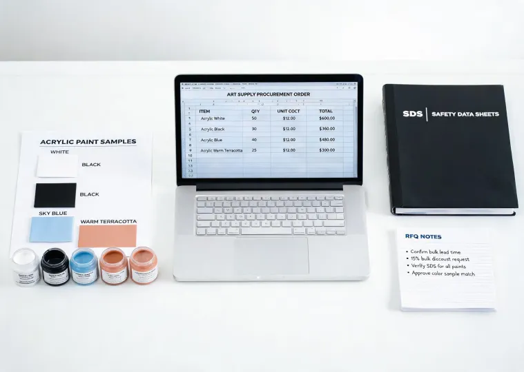 Liquitex procurement desk with color cards and acrylic paint samples